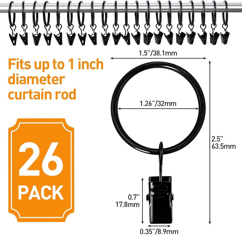 Ninsula 26 PCS Curtain Rings with Clips, Curtain Hooks for Drapes, Curtain Clips with Rings 1.26” Interior Diameter, Black Curtain Rings Fit up to 1 inch Curtain Rod - Image 2